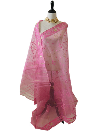Authentic Dhakai Jamdani Muslin Saree from Bangladesh | Handwoven | Bubblegum Pink | Pink and Gold Threads | Ships from California